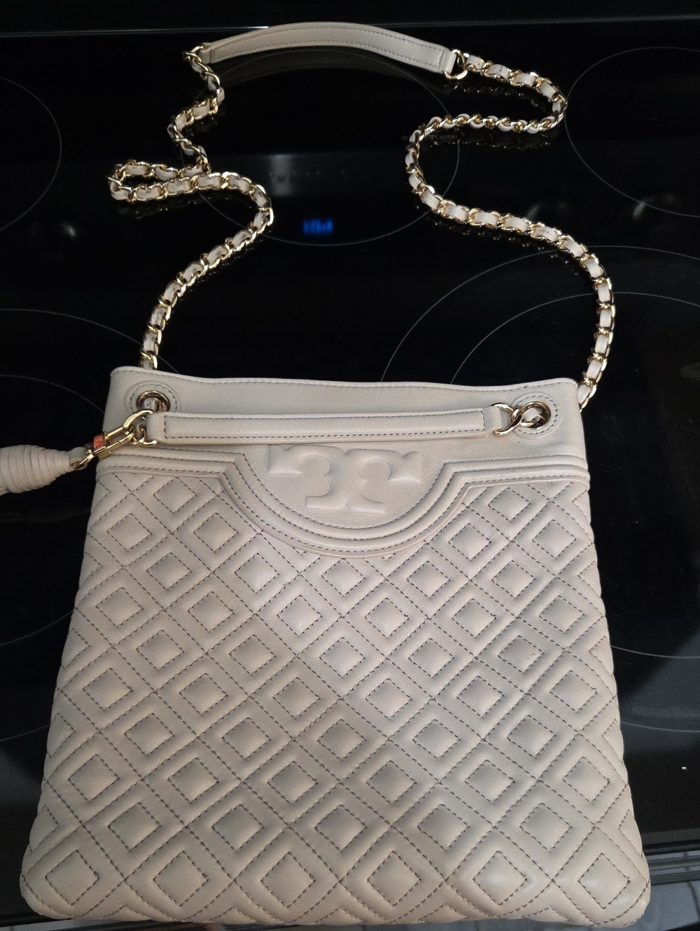 Tory Burch Cream Quilted Leather Chain Crossbody